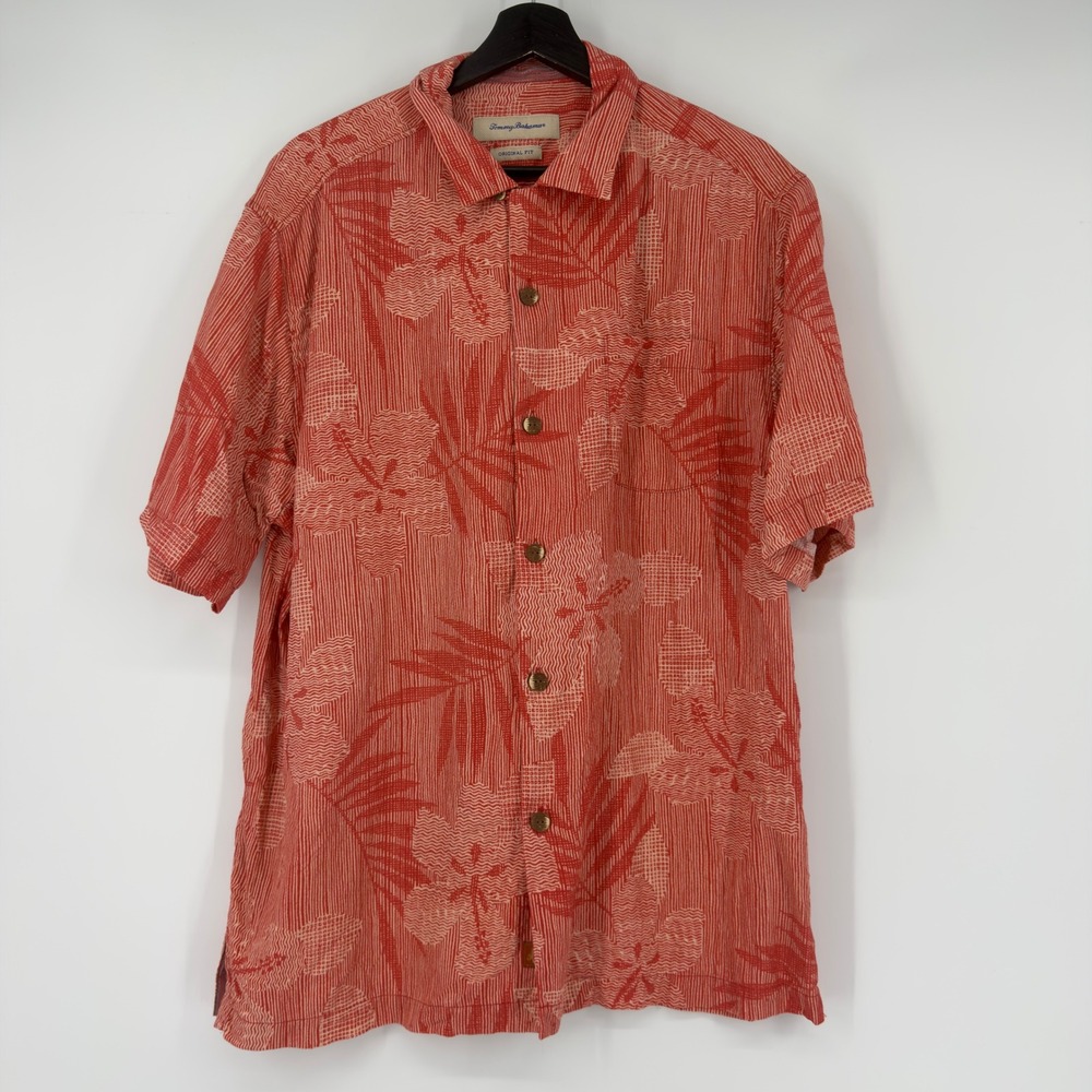 Tommy Bahama Mens Large Silk Button Up Shirt Floral Original Fit Short Sleeve